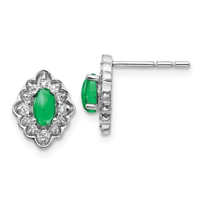 Earrings 14k White Gold Real Diamond and Cabochon Emerald Earrings Goldia