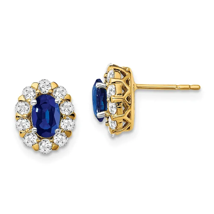 Earrings 14k Yellow Gold Oval Sapphire and Real Diamond Halo Post Earrings Goldia