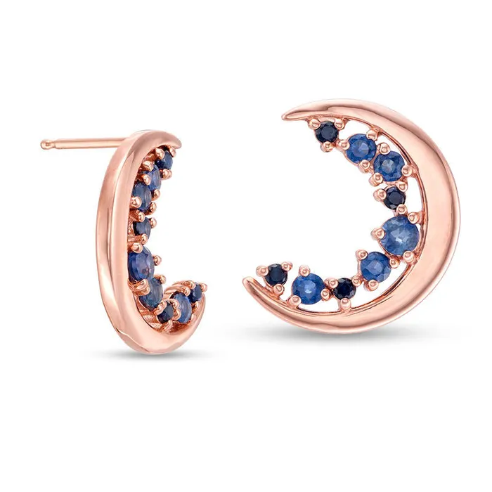 Earrings Blue Sapphire Crescent Moon Stud Earrings in 10K Rose Gold Goldia