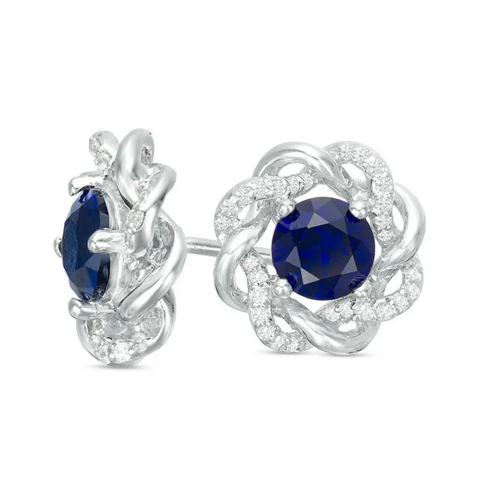 Earrings Goldia 50mm LabCreated Blue Sapphire and 017 CT TW Diamond Loose Braided Frame Stud Earrings in 10K White Gold Earrings Goldia 50mm LabCreated Blue Sapphire and 017 CT TW Diamond Loose Braided Frame Stud Earrings in 10K White Gold
