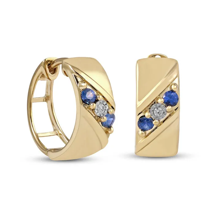 Earrings Goldia Mens Blue Sapphire and Diamond Accent Three Stone Slant Huggie Hoop Earrings in 10K Gold Earrings Goldia Mens Blue Sapphire and Diamond Accent Three Stone Slant Huggie Hoop Earrings in 10K Gold