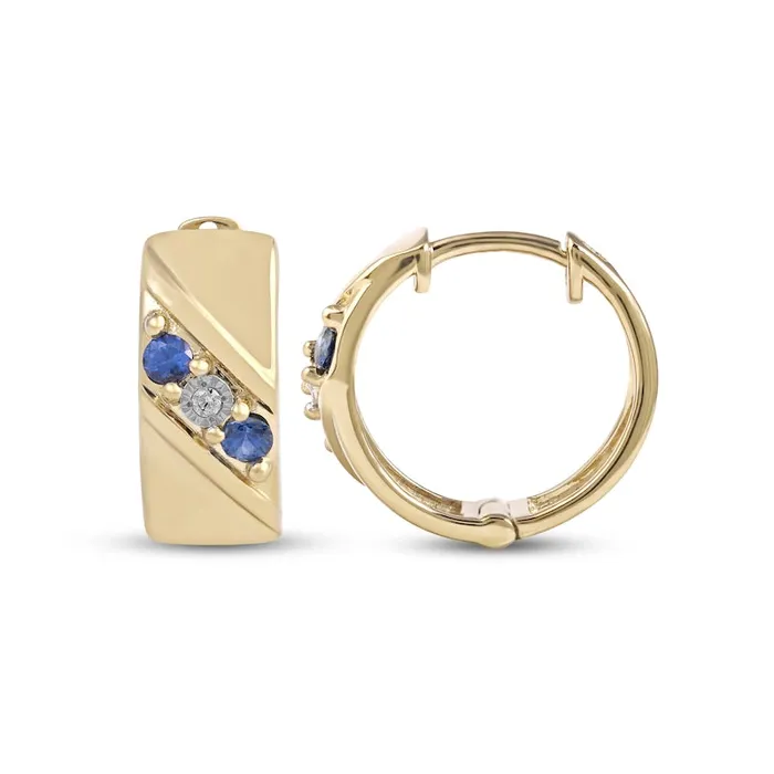 Earrings Goldia Mens Blue Sapphire and Diamond Accent Three Stone Slant Huggie Hoop Earrings in 10K Gold Earrings Goldia Mens Blue Sapphire and Diamond Accent Three Stone Slant Huggie Hoop Earrings in 10K Gold