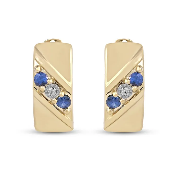 Earrings Goldia Mens Blue Sapphire and Diamond Accent Three Stone Slant Huggie Hoop Earrings in 10K Gold Earrings Goldia Mens Blue Sapphire and Diamond Accent Three Stone Slant Huggie Hoop Earrings in 10K Gold