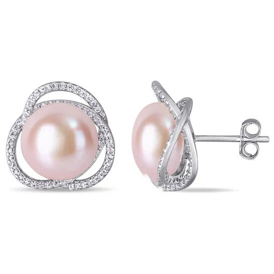 Earrings JMS always Original AMOUR 11 115 Mm Pink Cultured Freshwater Pearl and 1 12 CT TGW Cubic Zirconia Interlaced Halo Stud Earrings In Sterling Silver Earrings JMS always Original AMOUR 11 115 Mm Pink Cultured Freshwater Pearl and 1 12 CT TGW Cubic Zirconia Interlaced Halo Stud Earrings In Sterling Silver