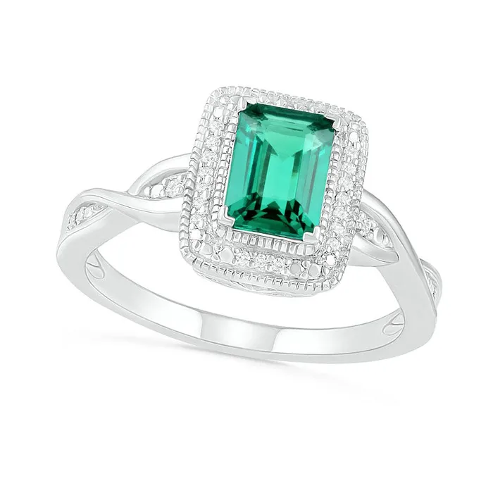 EmeraldCut LabCreated Emerald and 007 CT TW Diamond Frame Twist Shank Antique VintageStyle Ring in Sterling Silver Goldia Rings EmeraldCut LabCreated Emerald and 007 CT TW Diamond Frame Twist Shank Antique VintageStyle Ring in Sterling Silver Goldia Rings