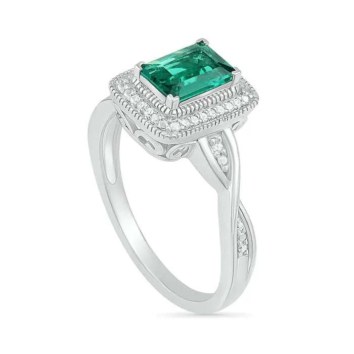 EmeraldCut LabCreated Emerald and 007 CT TW Diamond Frame Twist Shank Antique VintageStyle Ring in Sterling Silver Goldia Rings EmeraldCut LabCreated Emerald and 007 CT TW Diamond Frame Twist Shank Antique VintageStyle Ring in Sterling Silver Goldia Rings
