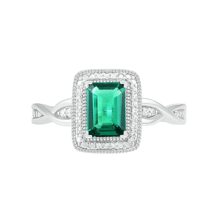 EmeraldCut LabCreated Emerald and 007 CT TW Diamond Frame Twist Shank Antique VintageStyle Ring in Sterling Silver Goldia Rings EmeraldCut LabCreated Emerald and 007 CT TW Diamond Frame Twist Shank Antique VintageStyle Ring in Sterling Silver Goldia Rings