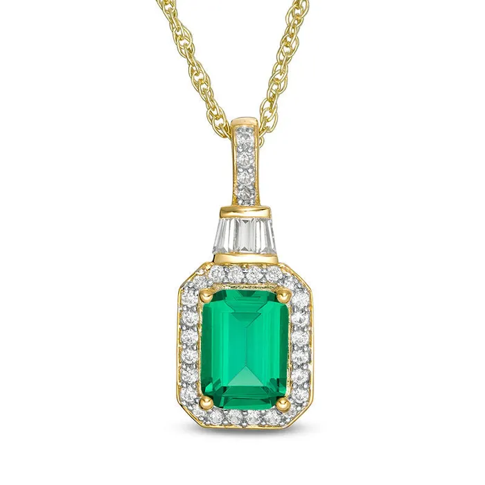 EmeraldCut LabCreated Emerald and 02 CT TW Diamond Frame Pendant in 10K Yellow Gold Goldia Necklaces EmeraldCut LabCreated Emerald and 02 CT TW Diamond Frame Pendant in 10K Yellow Gold Goldia Necklaces
