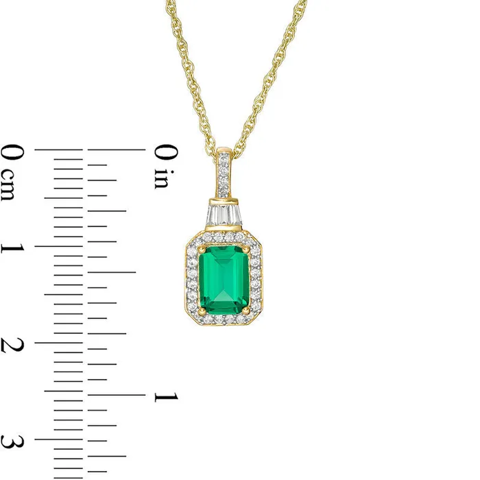 EmeraldCut LabCreated Emerald and 02 CT TW Diamond Frame Pendant in 10K Yellow Gold Goldia Necklaces EmeraldCut LabCreated Emerald and 02 CT TW Diamond Frame Pendant in 10K Yellow Gold Goldia Necklaces