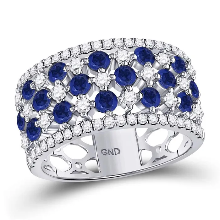 gndatlanta Rings 18k White Gold Round Blue Sapphire Diamond Checkered Band Ring 2 Cttw gndatlanta Rings 18k White Gold Round Blue Sapphire Diamond Checkered Band Ring 2 Cttw
