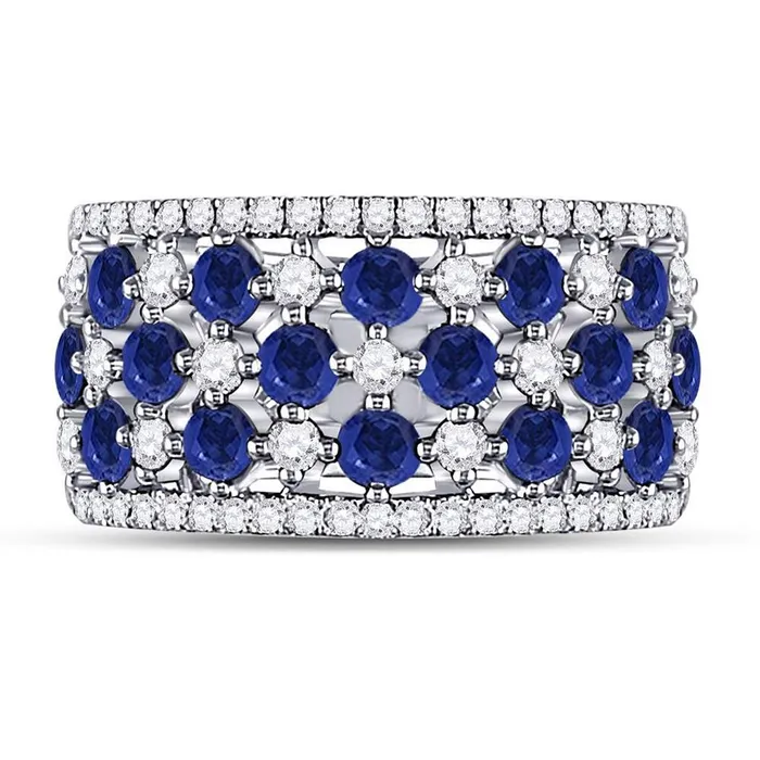 gndatlanta Rings 18k White Gold Round Blue Sapphire Diamond Checkered Band Ring 2 Cttw