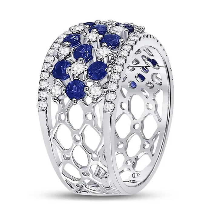 gndatlanta Rings 18k White Gold Round Blue Sapphire Diamond Checkered Band Ring 2 Cttw