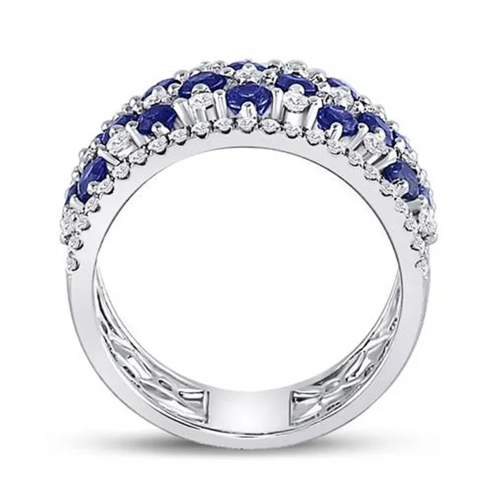gndatlanta Rings 18k White Gold Round Blue Sapphire Diamond Checkered Band Ring 2 Cttw