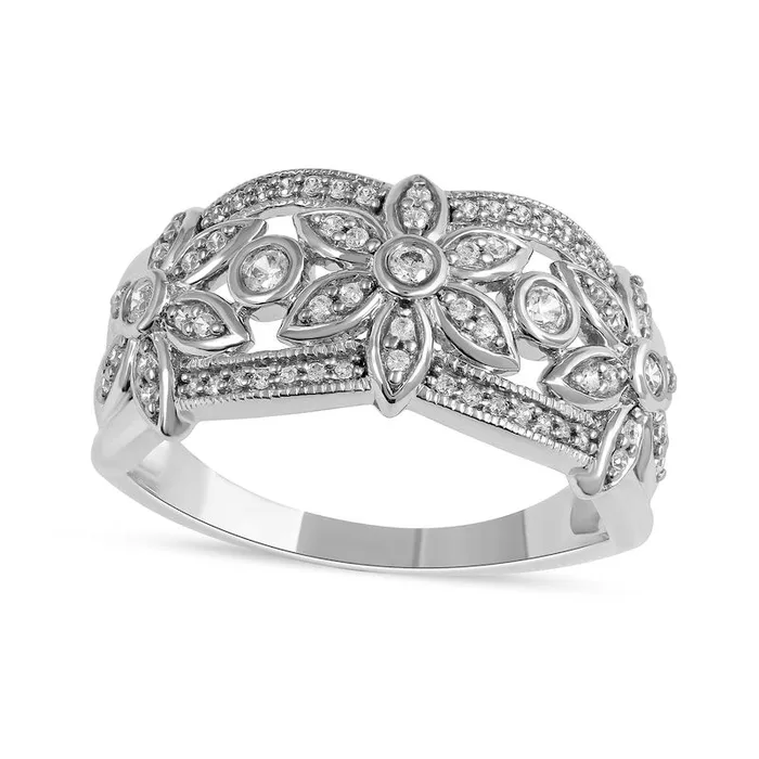 Goldia 033 CT TW Natural Diamond Flower Antique VintageStyle Ring in Solid 10K White Gold Rings Goldia 033 CT TW Natural Diamond Flower Antique VintageStyle Ring in Solid 10K White Gold Rings