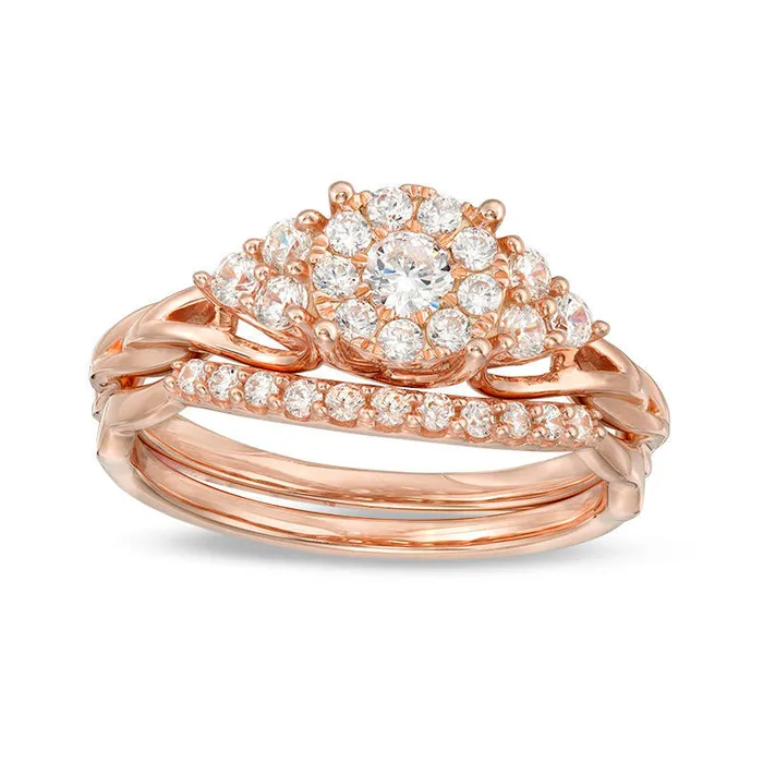 Goldia 063 CT TW Natural Diamond Frame TriSides Layered Shank Bridal Engagement Ring Set in Solid 14K Rose Gold Rings