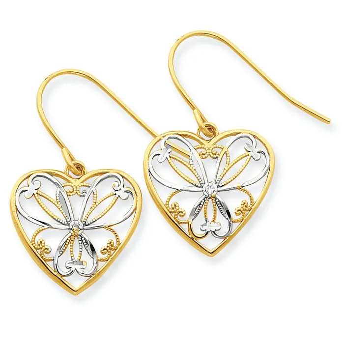 goldiaca Earrings 14K and Rhodium 01ct Diamond Heart Wire Earrings