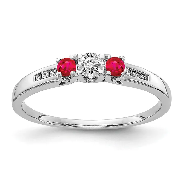 Goldiacom Rings 14k White Gold Real Diamond and Ruby 3stone Ring