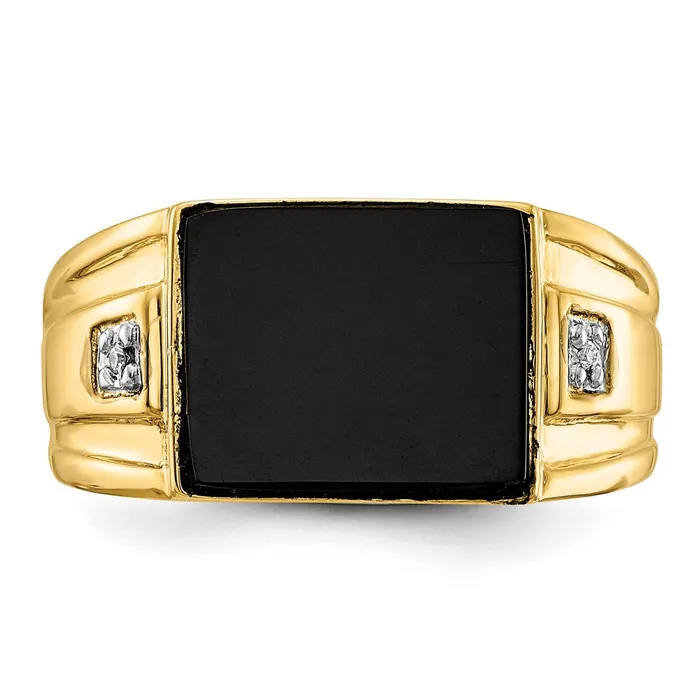 Goldiacom Rings 14K Yellow Gold Mens Real Diamond and Black Onyx Signet Ring