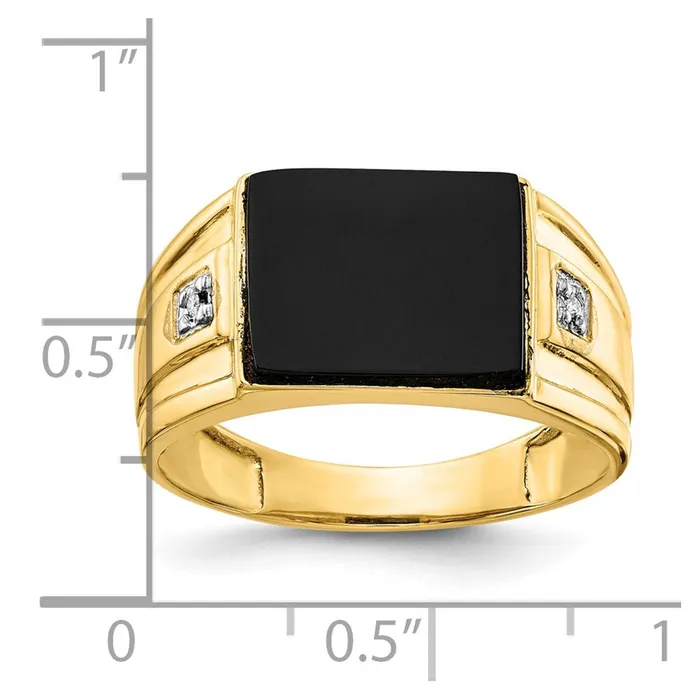 Goldiacom Rings 14K Yellow Gold Mens Real Diamond and Black Onyx Signet Ring