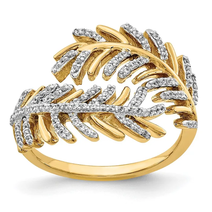 Goldiacom Rings 14K Yellow Gold Real Diamond Fancy Feather Ring
