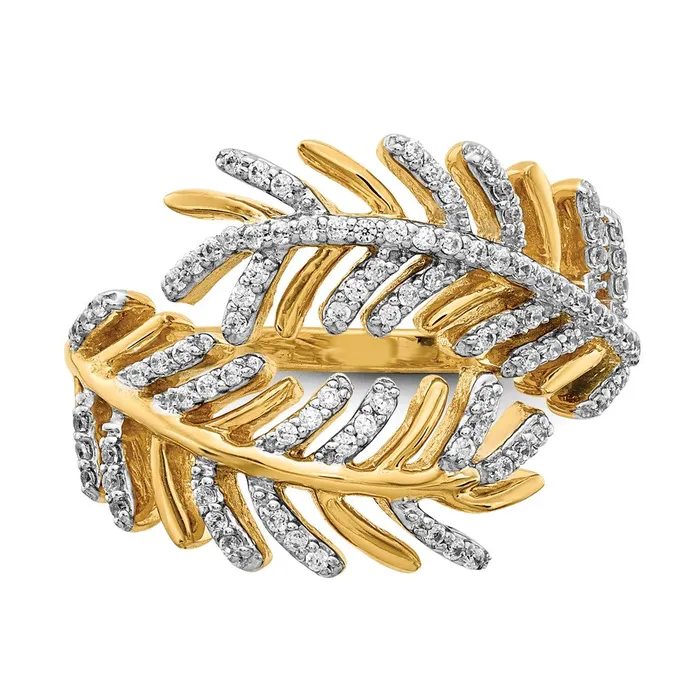 Goldiacom Rings 14K Yellow Gold Real Diamond Fancy Feather Ring