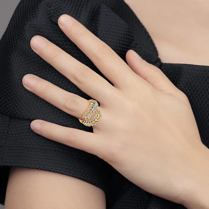 Goldiacom Rings 14K Yellow Gold Real Diamond Fancy Feather Ring