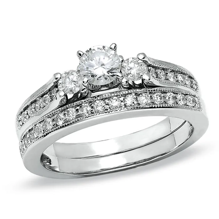 Goldiacom Rings 34 CT TW Diamond Three Stone Bridal Engagement Ring Set in 14K White Gold Goldiacom Rings 34 CT TW Diamond Three Stone Bridal Engagement Ring Set in 14K White Gold