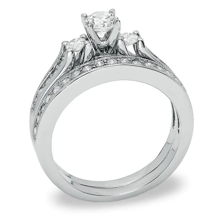 Goldiacom Rings 34 CT TW Diamond Three Stone Bridal Engagement Ring Set in 14K White Gold