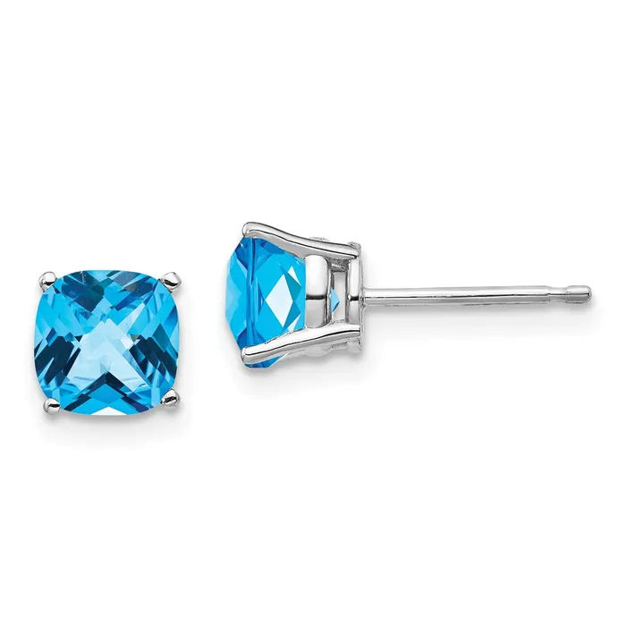 Goldia Earrings 14k White Gold 6x6mm Cushion Blue Topaz Checker Earring