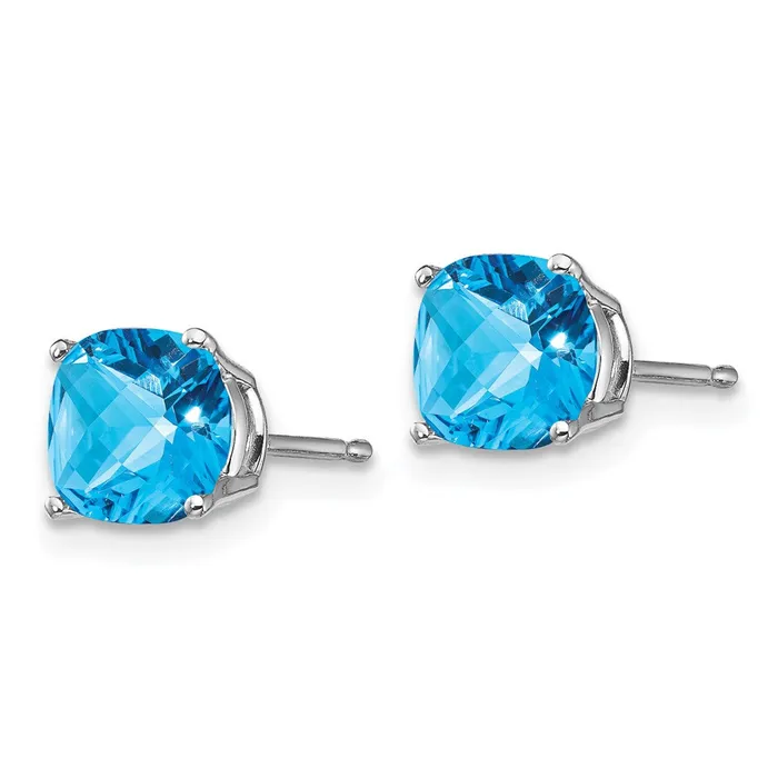Goldia Earrings 14k White Gold 6x6mm Cushion Blue Topaz Checker Earring