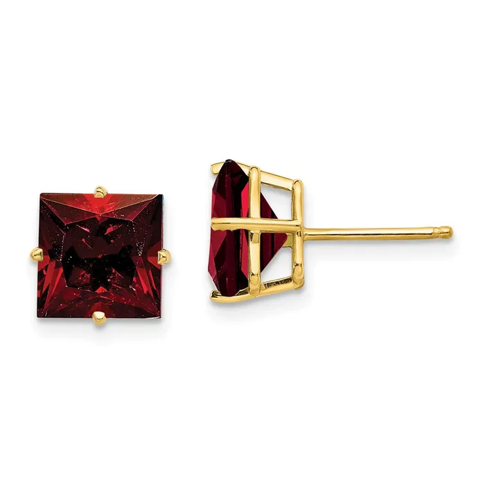 Goldia Earrings 14k Yellow Gold 8mm Princess Cut Garnet Earrings