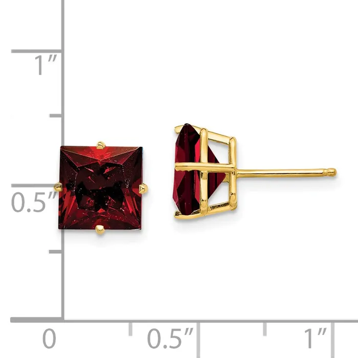 Goldia Earrings 14k Yellow Gold 8mm Princess Cut Garnet Earrings