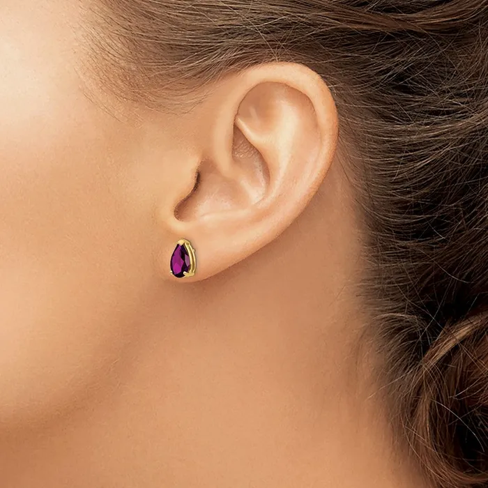 Goldia Earrings 14k Yellow Gold 9x6mm Pear Rhodolite Garnet earring