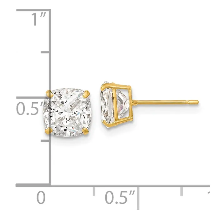 Goldia Earrings 14k Yellow Gold Polished 7x7 Cushion Cut CZ Studs Post Earrings