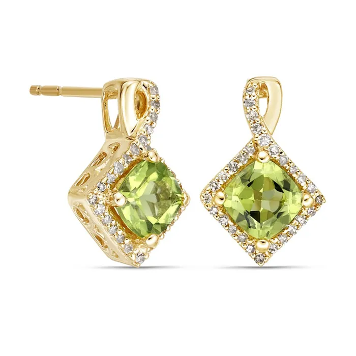 Goldia Earrings 50mm CushionCut Peridot and 017 CT TW Diamond Frame Tilted Twist Drop Earrings in 10K Gold Goldia Earrings 50mm CushionCut Peridot and 017 CT TW Diamond Frame Tilted Twist Drop Earrings in 10K Gold