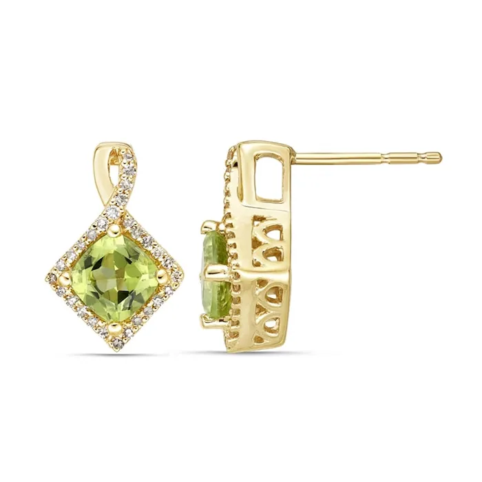 Goldia Earrings 50mm CushionCut Peridot and 017 CT TW Diamond Frame Tilted Twist Drop Earrings in 10K Gold Goldia Earrings 50mm CushionCut Peridot and 017 CT TW Diamond Frame Tilted Twist Drop Earrings in 10K Gold