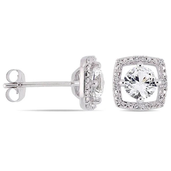 Goldia Earrings 50mm LabCreated White Sapphire and 007 CT TW Diamond Cushion Frame Stud Earrings in 10K White Gold Goldia Earrings 50mm LabCreated White Sapphire and 007 CT TW Diamond Cushion Frame Stud Earrings in 10K White Gold