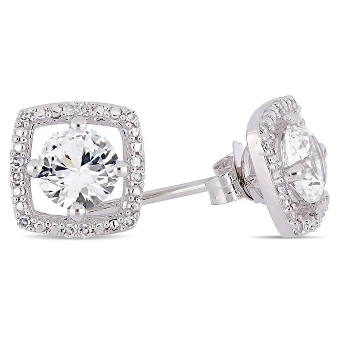 Goldia Earrings 50mm LabCreated White Sapphire and 007 CT TW Diamond Cushion Frame Stud Earrings in 10K White Gold Goldia Earrings 50mm LabCreated White Sapphire and 007 CT TW Diamond Cushion Frame Stud Earrings in 10K White Gold