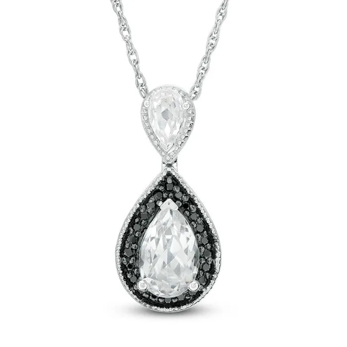 Goldia Earrings PearShaped LabCreated White Sapphire and 01 CT TW Enhanced Black Diamond Frame Drop Pendant in Sterling Silver
