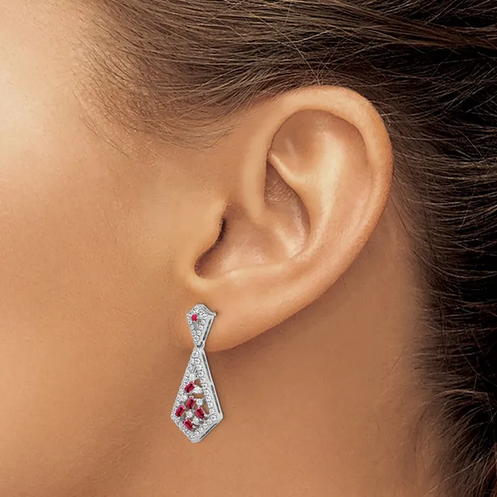 Goldia Earrings Solid 14k White Gold Simulated Ruby and CZ Earrings