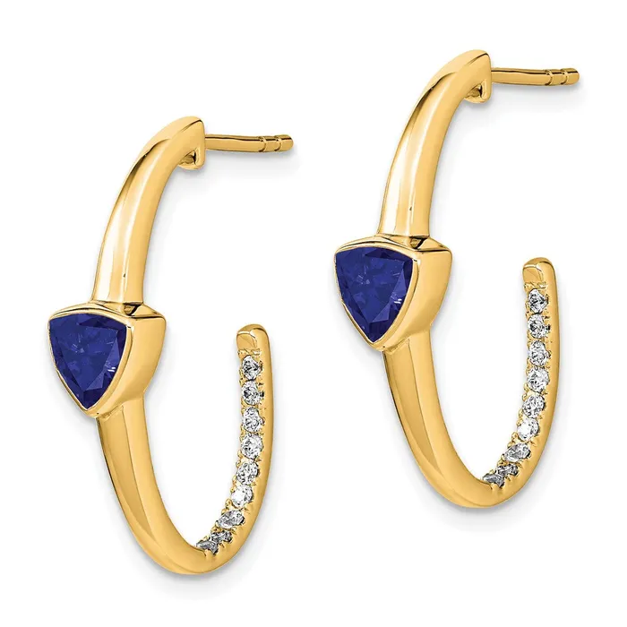 Goldia Earrings Solid 14k Yellow Gold Trillion Created Simulated Sapphire and CZ Jhoop Earrings