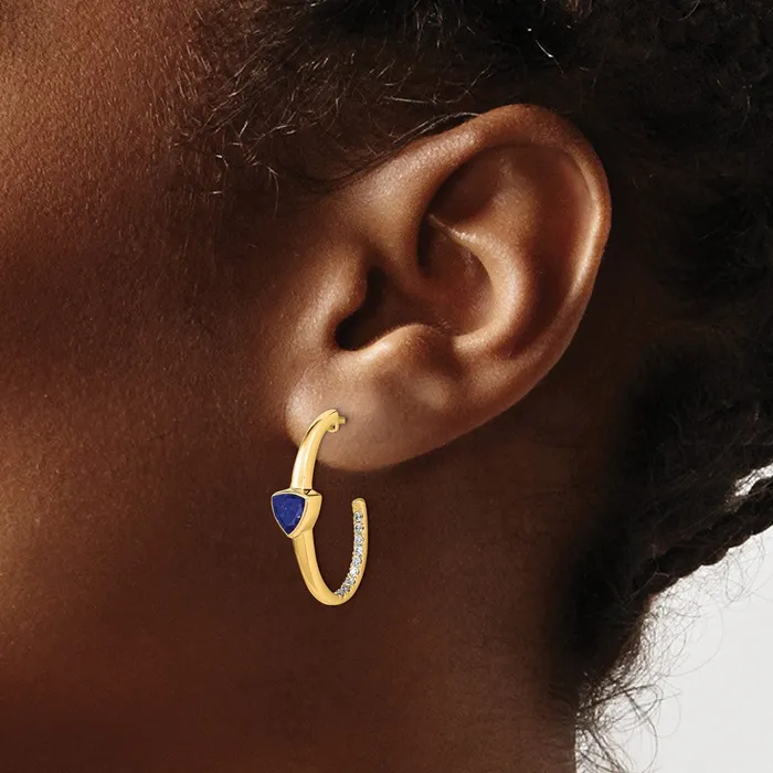 Goldia Earrings Solid 14k Yellow Gold Trillion Created Simulated Sapphire and CZ Jhoop Earrings