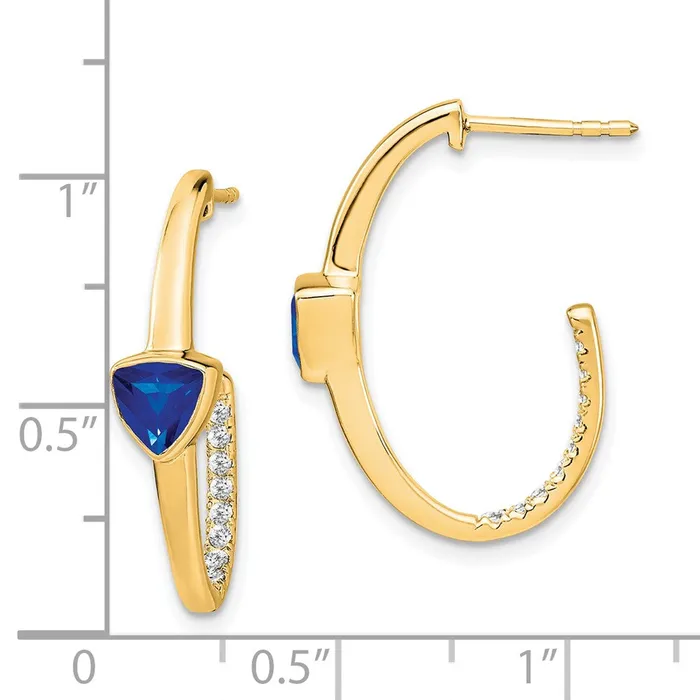 Goldia Earrings Solid 14k Yellow Gold Trillion Created Simulated Sapphire and CZ Jhoop Earrings
