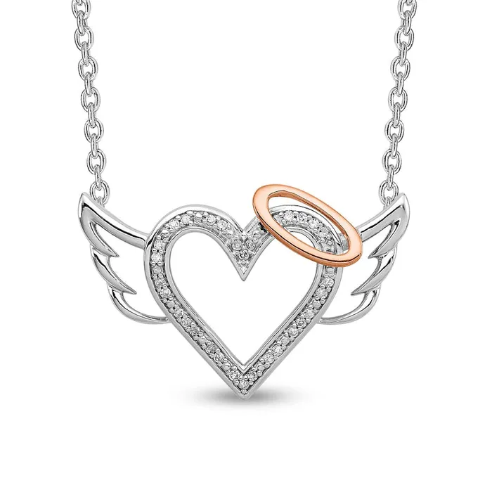 Goldia Necklaces 01 CT TW Natural Diamond Beaded Heart with Halo and Angel Wings Necklace in Sterling Silver and 10K Rose Gold Goldia Necklaces 01 CT TW Natural Diamond Beaded Heart with Halo and Angel Wings Necklace in Sterling Silver and 10K Rose Gold