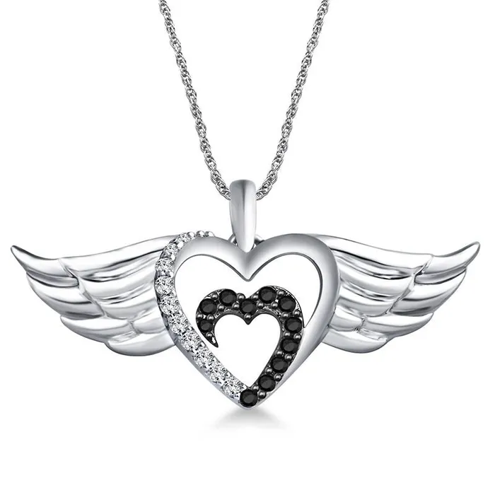Goldia Necklaces 013 CT TW Enhanced Black and White Natural Diamond Double Winged Hearts Pendant in Sterling Silver Goldia Necklaces 013 CT TW Enhanced Black and White Natural Diamond Double Winged Hearts Pendant in Sterling Silver