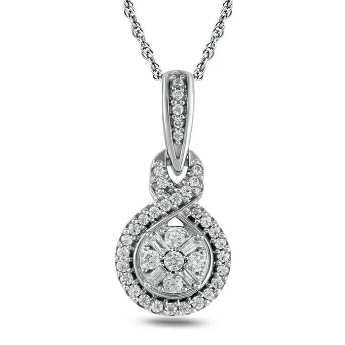 Goldia Necklaces 02 CT TW Baguette and Round Natural Diamond Frame Twist Pendant in 10K White Gold Goldia Necklaces 02 CT TW Baguette and Round Natural Diamond Frame Twist Pendant in 10K White Gold