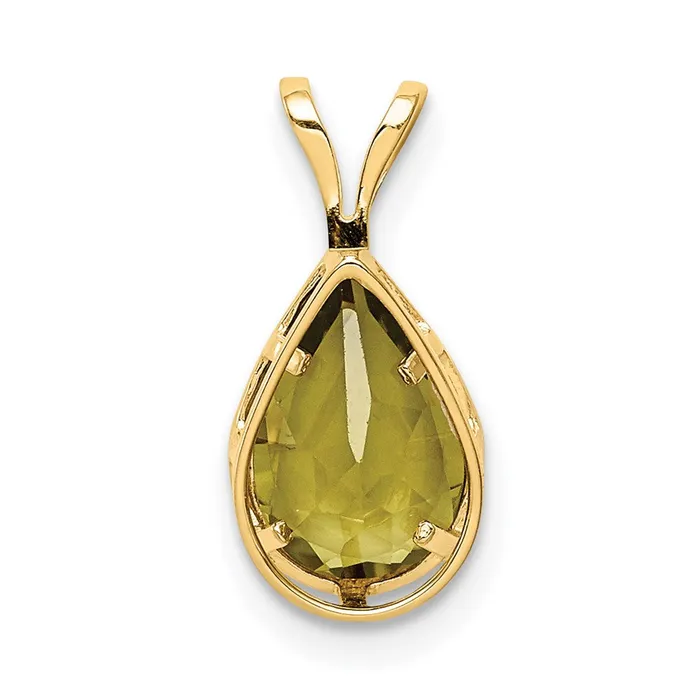 Goldia Necklaces 14K Yellow Gold 9x6mm Pear Peridot Checker bezel pendant