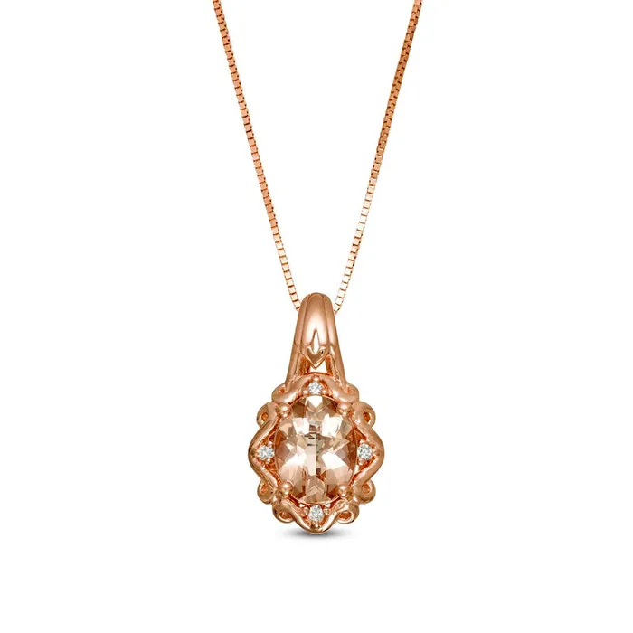 Goldia Necklaces Oval Morganite and Natural Diamond Accent Ornate Frame Pendant in 10K Rose Gold Goldia Necklaces Oval Morganite and Natural Diamond Accent Ornate Frame Pendant in 10K Rose Gold