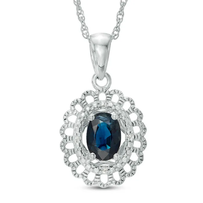 Goldia Oval Blue Sapphire and Natural Diamond Accent Scallop Frame Pendant in Sterling Silver Necklaces Goldia Oval Blue Sapphire and Natural Diamond Accent Scallop Frame Pendant in Sterling Silver Necklaces