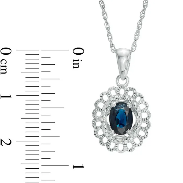 Goldia Oval Blue Sapphire and Natural Diamond Accent Scallop Frame Pendant in Sterling Silver Necklaces Goldia Oval Blue Sapphire and Natural Diamond Accent Scallop Frame Pendant in Sterling Silver Necklaces
